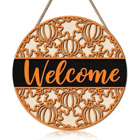 Hello Fall Sign for Front Door ,3D Fall Round Wood Hanging Sign Plaque Fall Door Porch Signs Thanksgiving Door Sign with Wooden Maple Leaves, Rustic Wall Art for Farmhouse Porch Home Decorn (Hello