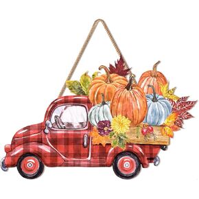Fall Harvest Truck Wooden Sign with Pumpkin Maple Leaves Thanksgiving Red Buffalo Plaid Truck Carrying Pumpkin Farmhouse Door Decor Vintage Autumn Thanksgiving Door Sign for Yard Farmhouse Front