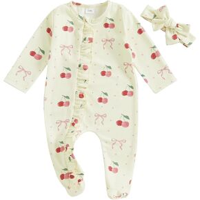 Newborn Baby Girl Fall Winter Clothes Waffle Ruffle Footies Romper with Headband Newborn Hospital Coming Home Outfit