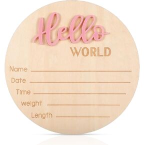 Baby Announcement Sign 5.91 Inch Hello World Newborn Sign Welcome Baby Name Sign Newborn Announcement Sign Birth Announcement Sign For Hospital Photo Props Baby Shower Nursery(Pink)