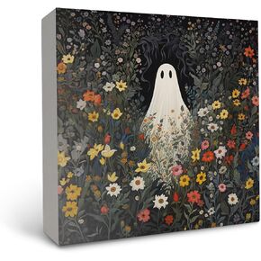 OFlich Floral Ghost Wood Signs Desk Decor, Cute Romantic Ghost Halloween Dark Academia Wooden Box Sign, Cute Ghost Decor, Vintage Halloween Decor, Cute Halloween Decor, 5x5 Inches