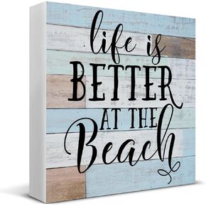 HOIJAUMAI Life Is Better at the Beach Wooden Box Sign Desk Decor, Beach House Sign Beach Life Quote Wood Sign for Home Beach House Desk Shelf Table Decoration 5 X 5 Inch