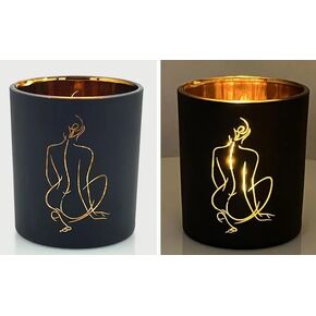 Opulent Elegance Sensual Glass Tea Light Candle Jar with Electroplated Black and Gold Designs - Perfect for Weddings, Parties, and Home Decor - Pensive - Single Jar