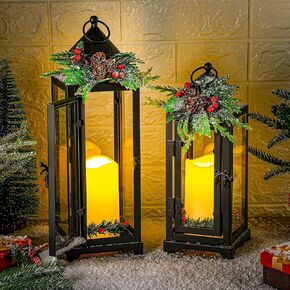 2 Pcs Christmas Metal Candle Lantern and LED Fake Candles 12'' and 15'' Decorative Lanterns with Xmas Ornament Porch Lanterns Outdoor Indoor Decoration Party Gift (Red)