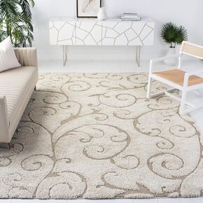 SAFAVIEH Florida Shag Collection Area Rug - 11' Square, Cream & Beige, Scroll Design, Non-Shedding & Easy Care, 1.2-inch Thick Ideal for High Traffic Areas in Living Room, Bedroom (SG455-1113)