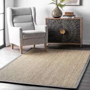 nuLOOM 4x6 Elijah Seagrass Area Rug, Dark Grey, Solid Farmhouse Style, Cotton Bordered, Basketweave, Natural Fiber, For Bedroom, Dining Room, Living Room, Hallway, Office, Kitchen, Entryway