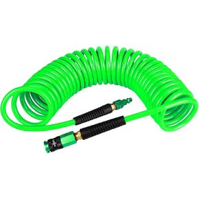 Heavy Duty Polyurethane Recoil Air Hose 1/4 in x 25 ft, Lightweight, Flexible Compressor Hose with Universal Quick Coupler, Plug and Bend Restrictors, Gray