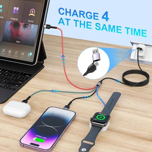 3in1 Multi USB C Cable for Apple Watch Charger, Nylon Braided 6FT USB C to 60w Type C +27W Lightning Charging Cable with iWatch Ultra/SE/9/8/7/6/5/4 & iPhone 15/14/13/Galaxy S23/S22,Travel Essentials in Saudi Arabia