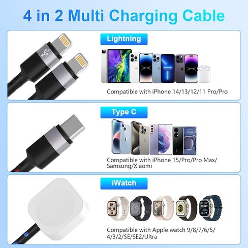 3in1 Multi USB C Cable for Apple Watch Charger, Nylon Braided 6FT USB C to 60w Type C +27W Lightning Charging Cable with iWatch Ultra/SE/9/8/7/6/5/4 & iPhone 15/14/13/Galaxy S23/S22,Travel Essentials in Saudi Arabia