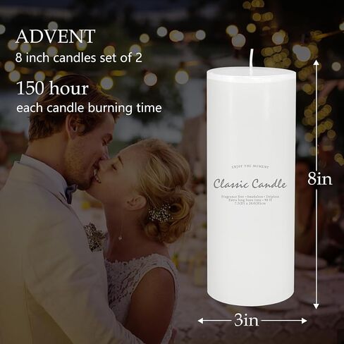 2 Pack 3x8 Hand Poured White Dripless Pillar Candles, Soy Candles, Non-Toxic, Unscented, Smokeless, for Power Outages & Emergency in Saudi Arabia