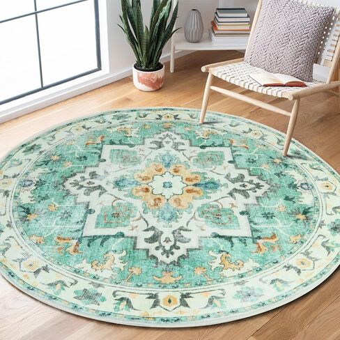 Washable Round Area Rugs with Colorful Print for Bedroom,Living Room Circle Vintage Rug with Non-Slip Backing,Soft Floor Decoration Carpet Mat for Home Entryway (Red/Blue, 4') in Saudi Arabia