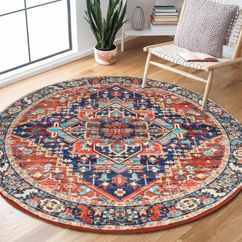 Washable Round Area Rugs with Colorful Print for Bedroom,Living Room Circle Vintage Rug with Non-Slip Backing,Soft Floor Decoration Carpet Mat for Home Entryway (Red/Blue, 4') in Saudi Arabia