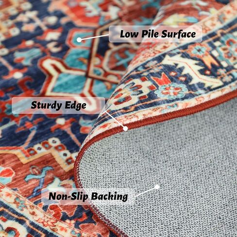 Washable Round Area Rugs with Colorful Print for Bedroom,Living Room Circle Vintage Rug with Non-Slip Backing,Soft Floor Decoration Carpet Mat for Home Entryway (Red/Blue, 4') in Saudi Arabia