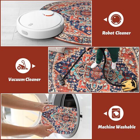Washable Round Area Rugs with Colorful Print for Bedroom,Living Room Circle Vintage Rug with Non-Slip Backing,Soft Floor Decoration Carpet Mat for Home Entryway (Red/Blue, 4') in Saudi Arabia