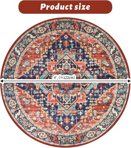 Washable Round Area Rugs with Colorful Print for Bedroom,Living Room Circle Vintage Rug with Non-Slip Backing,Soft Floor Decoration Carpet Mat for Home Entryway (Red/Blue, 4') in Saudi Arabia