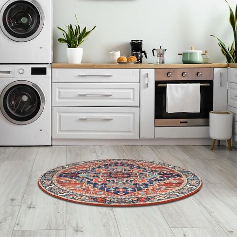 Washable Round Area Rugs with Colorful Print for Bedroom,Living Room Circle Vintage Rug with Non-Slip Backing,Soft Floor Decoration Carpet Mat for Home Entryway (Red/Blue, 4') in Saudi Arabia