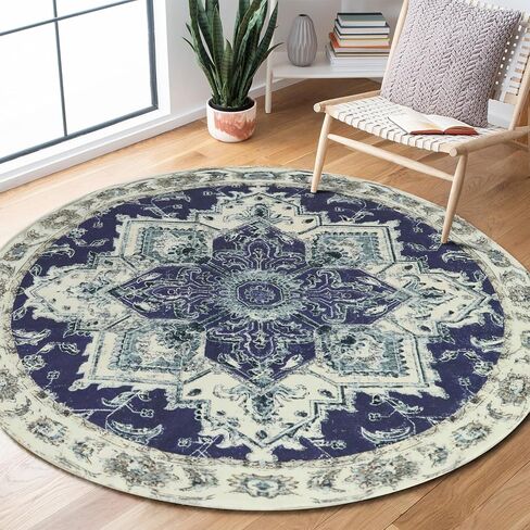 Washable Round Area Rugs with Colorful Print for Bedroom,Living Room Circle Vintage Rug with Non-Slip Backing,Soft Floor Decoration Carpet Mat for Home Entryway (Red/Blue, 4') in Saudi Arabia