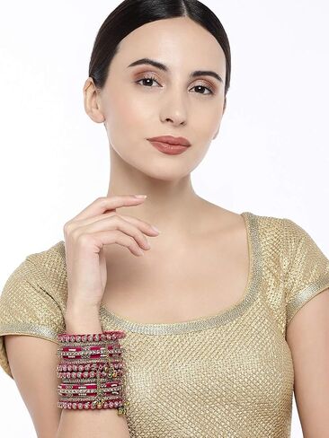 Aheli Wedding Party Designer Faux Stone Studded Bridal Bangle Set Chuda with Hangings Indian Traditional Bangles Ethnic Fashion Jewelry for Women Blue in Saudi Arabia