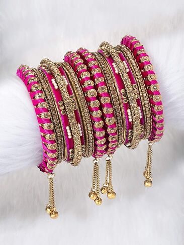Aheli Wedding Party Designer Faux Stone Studded Bridal Bangle Set Chuda with Hangings Indian Traditional Bangles Ethnic Fashion Jewelry for Women Blue in Saudi Arabia