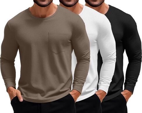 Riyiper 3 Pack Men's Long Sleeve Thermal T-Shirts with Pocket DE Velvet Crew Neck Casual Top Fall Winter Basic Tee in Kuwait