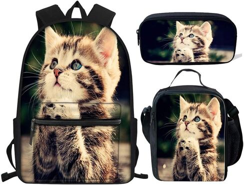 HUGS IDEA Pray Cat Print Backpack Set for Teen Girls Boys Cute Cute Kids School Bag with Lunchbox Pencil Case in Saudi Arabia