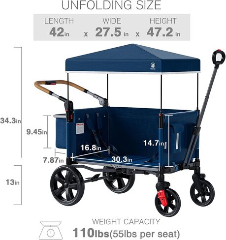 EVER ADVANCED Side-Unzip Wagon Stroller for 2 Kids, Push Pull Stroller with Adjustable Handle, Easy Access Zipper Door, 5-Point Harness, UV-Protection Canopy Shock-Absorbing Wheels, Fox Printing in Saudi Arabia