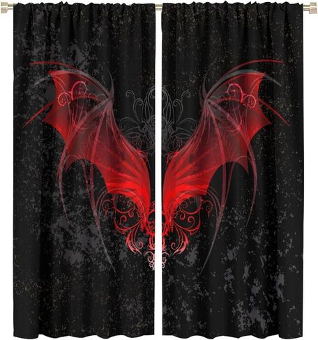 Gothic Curtains Red Bat Pattern Blackout Print Rod Pocket Window Drapes for Bedroom Living Room 55x63in in Saudi Arabia