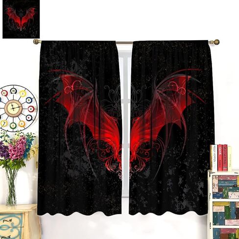 Gothic Curtains Red Bat Pattern Blackout Print Rod Pocket Window Drapes for Bedroom Living Room 55x63in in Saudi Arabia