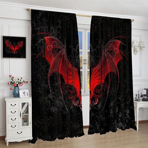 Gothic Curtains Red Bat Pattern Blackout Print Rod Pocket Window Drapes for Bedroom Living Room 55x63in in Saudi Arabia