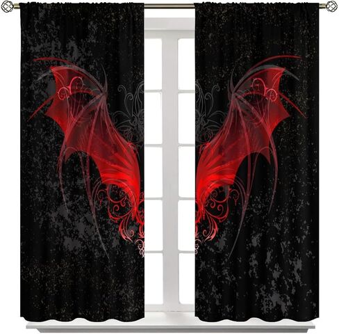 Gothic Curtains Red Bat Pattern Blackout Print Rod Pocket Window Drapes for Bedroom Living Room 55x63in in Saudi Arabia