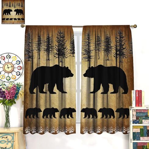 Rustic Blackout Curtains Vintage Brown Black Wildlife Bear White Bear Paw Print for Bedroom Living Room Kitchen Decor Rod Pocket Window Drape 42x45in in Kuwait