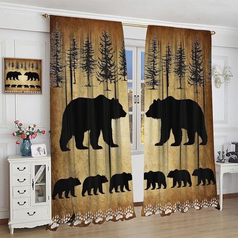 Rustic Blackout Curtains Vintage Brown Black Wildlife Bear White Bear Paw Print for Bedroom Living Room Kitchen Decor Rod Pocket Window Drape 42x45in in Kuwait