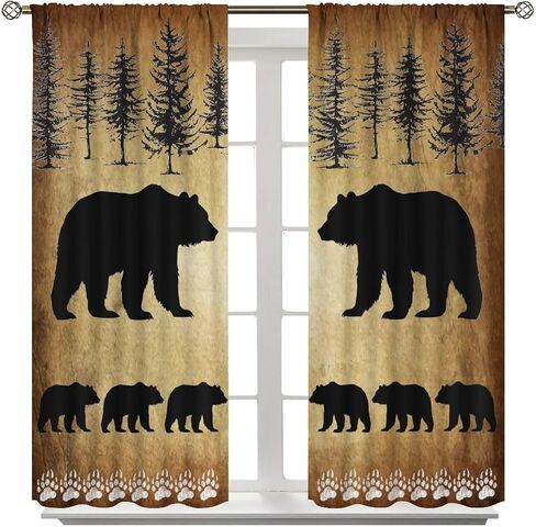 Rustic Blackout Curtains Vintage Brown Black Wildlife Bear White Bear Paw Print for Bedroom Living Room Kitchen Decor Rod Pocket Window Drape 42x45in in Kuwait