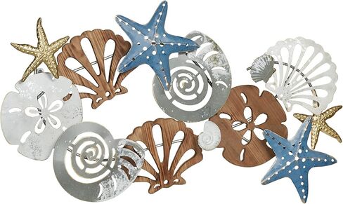 Touch of Class Coastal Medley Seashell - لوحة فنية جدارية مخرمة الأبعاد - مرسومة يدويًا، مقاس 20 × 35 بوصة - تعرض عموديًا أو أفقيًا - خشبية ومعدنية in Saudi Arabia