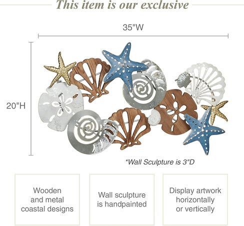 Touch of Class Coastal Medley Seashell - لوحة فنية جدارية مخرمة الأبعاد - مرسومة يدويًا، مقاس 20 × 35 بوصة - تعرض عموديًا أو أفقيًا - خشبية ومعدنية in Saudi Arabia