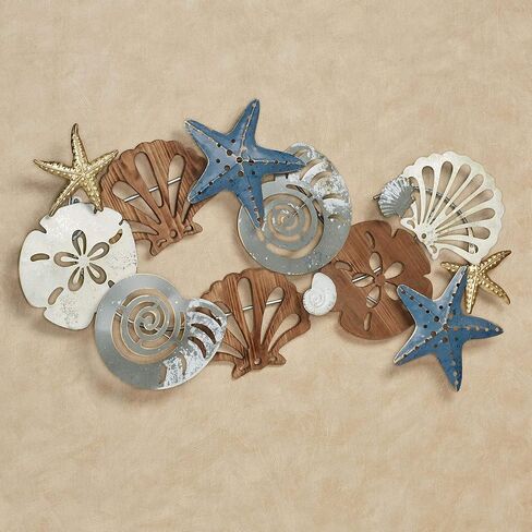 Touch of Class Coastal Medley Seashell - لوحة فنية جدارية مخرمة الأبعاد - مرسومة يدويًا، مقاس 20 × 35 بوصة - تعرض عموديًا أو أفقيًا - خشبية ومعدنية in Saudi Arabia