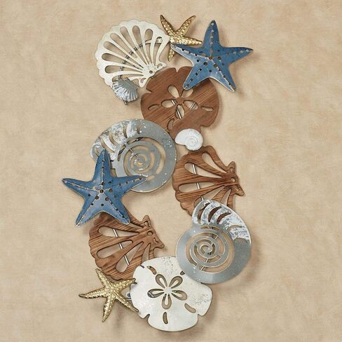 Touch of Class Coastal Medley Seashell - لوحة فنية جدارية مخرمة الأبعاد - مرسومة يدويًا، مقاس 20 × 35 بوصة - تعرض عموديًا أو أفقيًا - خشبية ومعدنية in Saudi Arabia