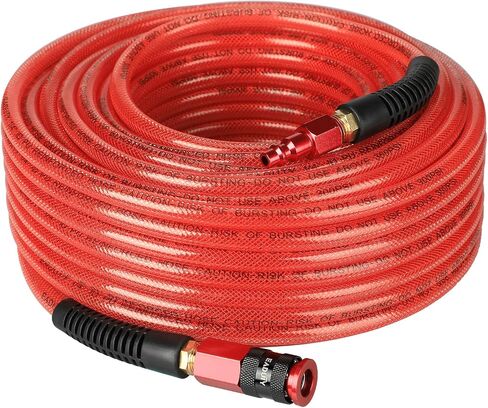 Heavy Duty Reinforced Polyurethane Air Hose 1/4 in x 50 ft, Lightweight, Flexible Compressor Hose with Universal Quick Coupler, Plug and Bend Restrictors, Red in Kuwait