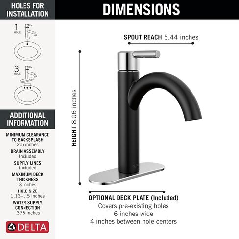Delta Faucet Nicoli Matte Black Bathroom Faucet, Black/ Gold Single Hole Bathroom Sink Faucet, Single Handle Bathroom Faucet, Pop-Up Drain Assembly, Matte Black/ Champagne Bronze 15749LF-GZ in Kuwait