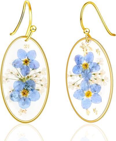 Pressed Forget Me Not Hexagon Handmade Earrings, Real Flower Natural Earrings, Dried Flower Foil Resin Jewelry, Birthday Gift (Silver) in Saudi Arabia