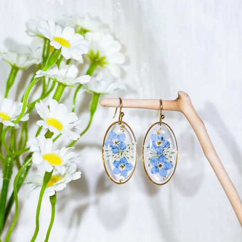 Pressed Forget Me Not Hexagon Handmade Earrings, Real Flower Natural Earrings, Dried Flower Foil Resin Jewelry, Birthday Gift (Silver) in Saudi Arabia