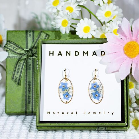 Pressed Forget Me Not Hexagon Handmade Earrings, Real Flower Natural Earrings, Dried Flower Foil Resin Jewelry, Birthday Gift (Silver) in Saudi Arabia