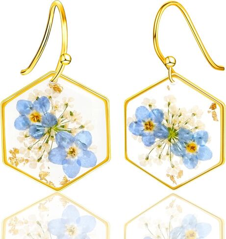 Pressed Forget Me Not Hexagon Handmade Earrings, Real Flower Natural Earrings, Dried Flower Foil Resin Jewelry, Birthday Gift (Silver) in Saudi Arabia