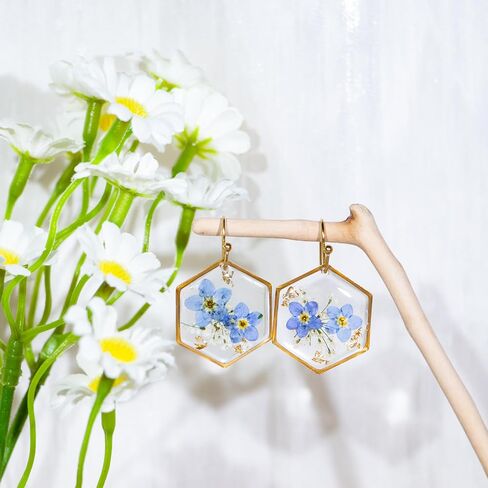 Pressed Forget Me Not Hexagon Handmade Earrings, Real Flower Natural Earrings, Dried Flower Foil Resin Jewelry, Birthday Gift (Silver) in Saudi Arabia