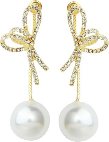 Gold Dangle Earrings Pearl Bow Pearl Earrings For Women Drop Pearl Earrings14K Gold Bow Dangle Drop Earrings Gift For Girls Wedding Earring in Saudi Arabia