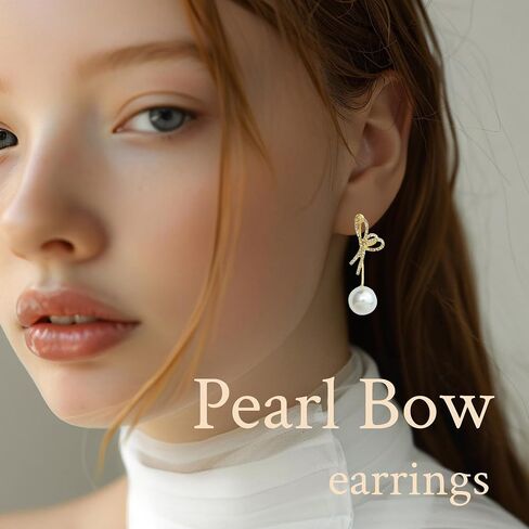 Gold Dangle Earrings Pearl Bow Pearl Earrings For Women Drop Pearl Earrings14K Gold Bow Dangle Drop Earrings Gift For Girls Wedding Earring in Saudi Arabia