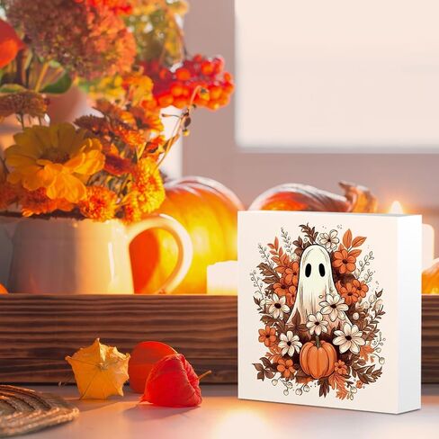 Halloween Decorations Rustic Wooden Box Sign, Fall Decor Halloween Decor, Autumn Decor Farmhouse Decor, Fall Leaves Ghost Decor, Living Room Office Coffee Bar Desk Shelf Decor Decorations in Saudi Arabia