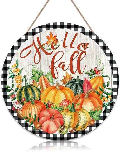 CHDITB Hello Fall Harvest لافتة باب خشبية، علامة شرفة الخريف الريفية لعيد الشكر (12 بوصة × 12 بوصة)، أوراق القيقب والقرع والتوت، لوحة معلقة على الحائط للباب الأمامي، شرفة المزرعة، ساحة الحديقة in Kuwait