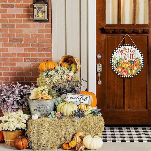 CHDITB Hello Fall Harvest لافتة باب خشبية، علامة شرفة الخريف الريفية لعيد الشكر (12 بوصة × 12 بوصة)، أوراق القيقب والقرع والتوت، لوحة معلقة على الحائط للباب الأمامي، شرفة المزرعة، ساحة الحديقة in Kuwait