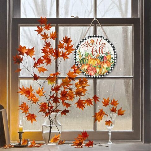 CHDITB Hello Fall Harvest لافتة باب خشبية، علامة شرفة الخريف الريفية لعيد الشكر (12 بوصة × 12 بوصة)، أوراق القيقب والقرع والتوت، لوحة معلقة على الحائط للباب الأمامي، شرفة المزرعة، ساحة الحديقة in Kuwait